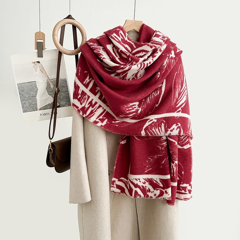 Autumn and Winter High Sense Fashion Imitation Cashmere Printed Scarf College Style Sweet Lady Design Sense Outer Shawl