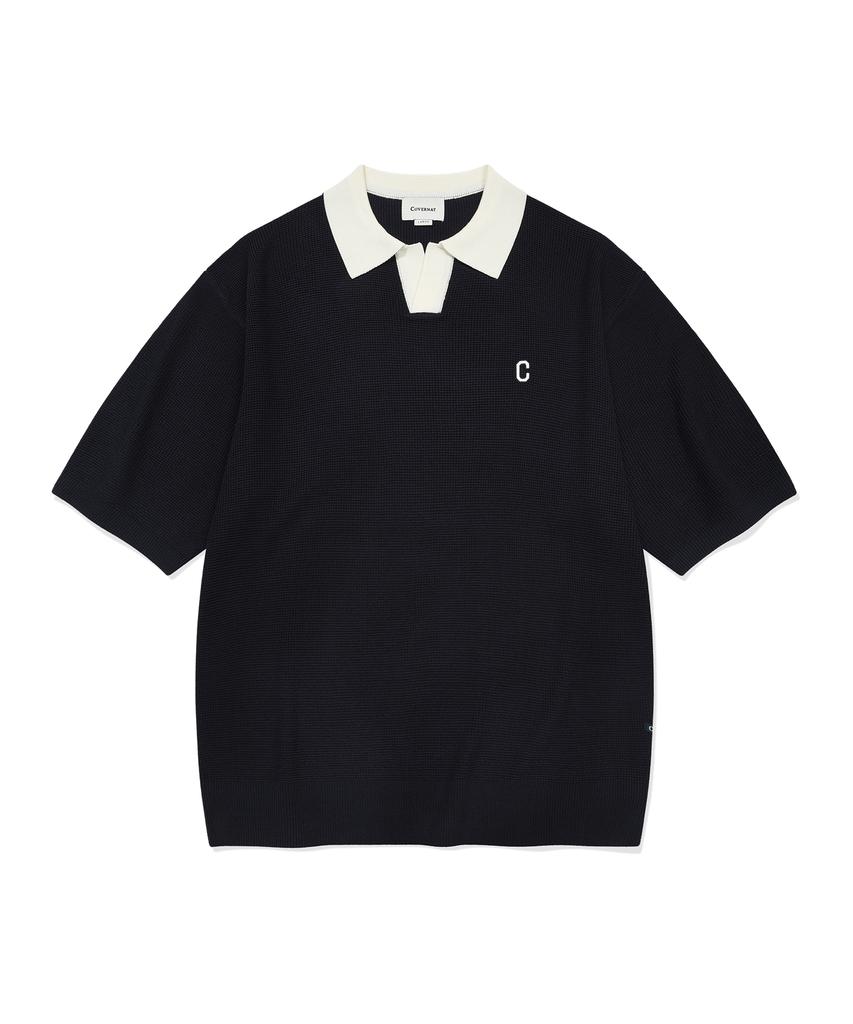 COVERNAT Open Collar Half Knit Navy