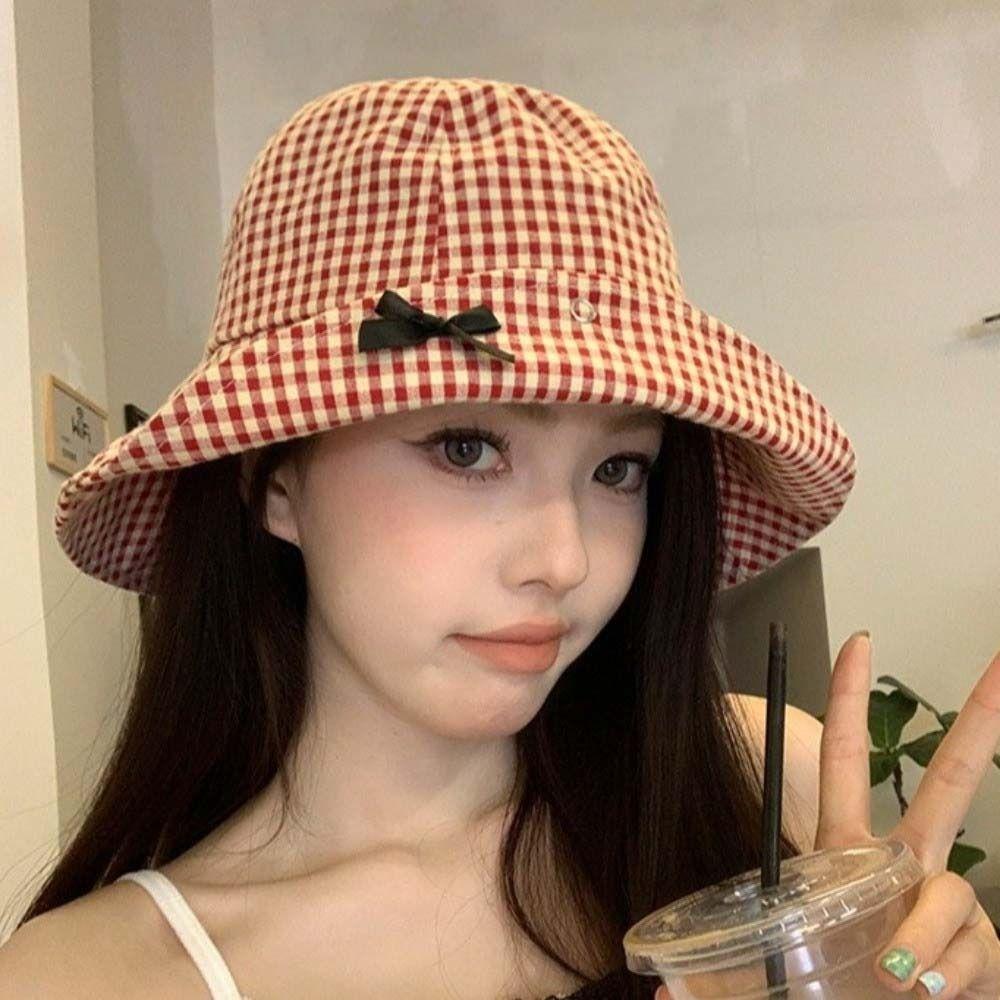 Black Bowknot Wide Brim Sun Hat Casual Fisherman Hat Stylish Plaid Bucket Hat  Beach