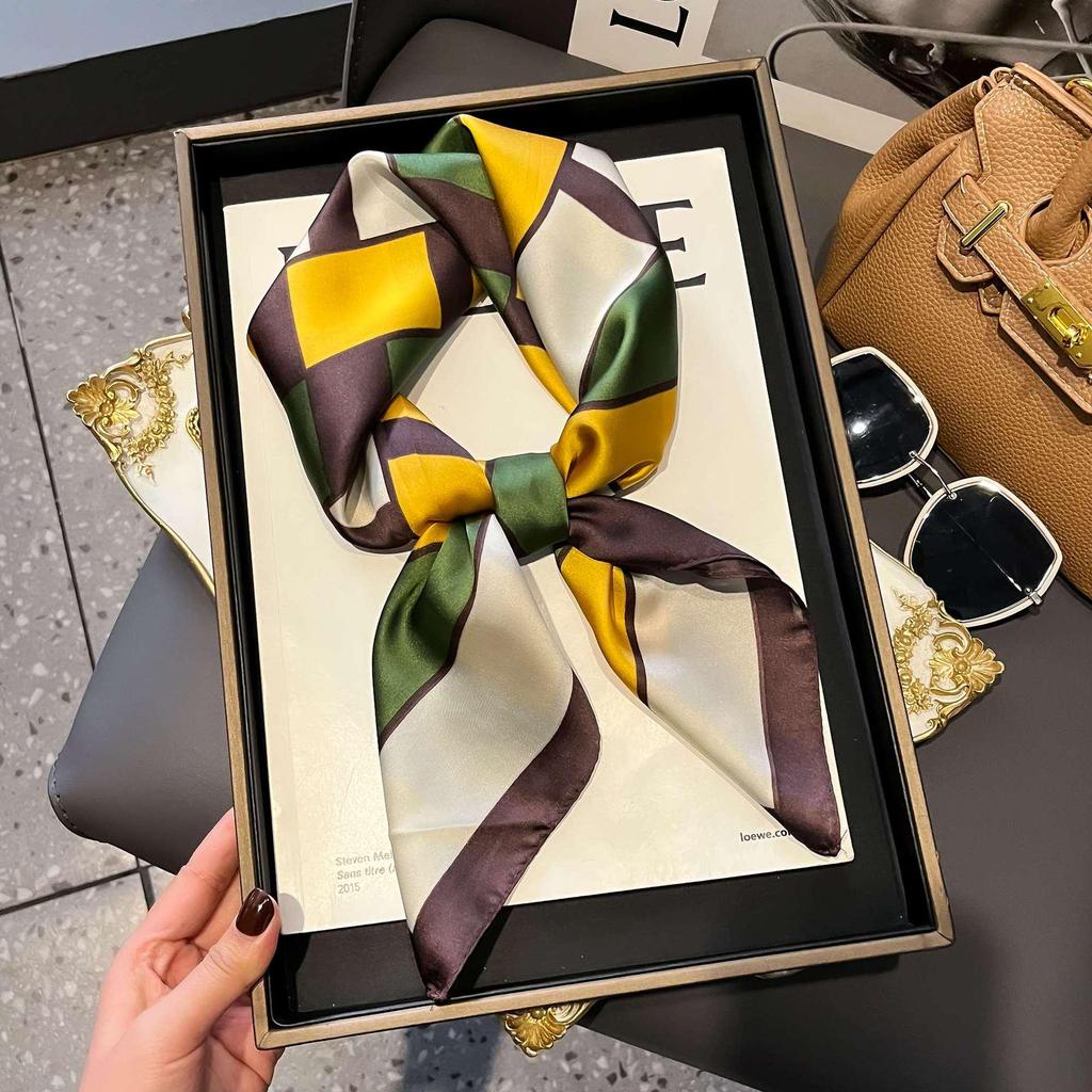 Women's Striped Silk Imitation Square Scarf - Spring & Autumn All-Match Simple Style Accessory