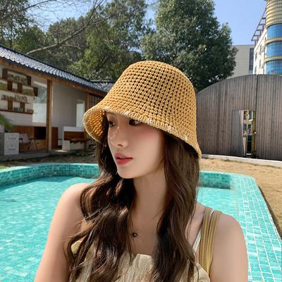 Корейская Ins Niche Woven Bucket Hat Интернет-знаменитость Hollow Соломенная шляпа Женщины Солнцезащитный козырек Солнцезащитный козырек Солнцезащитный козырек Маленькая Bucket Hat