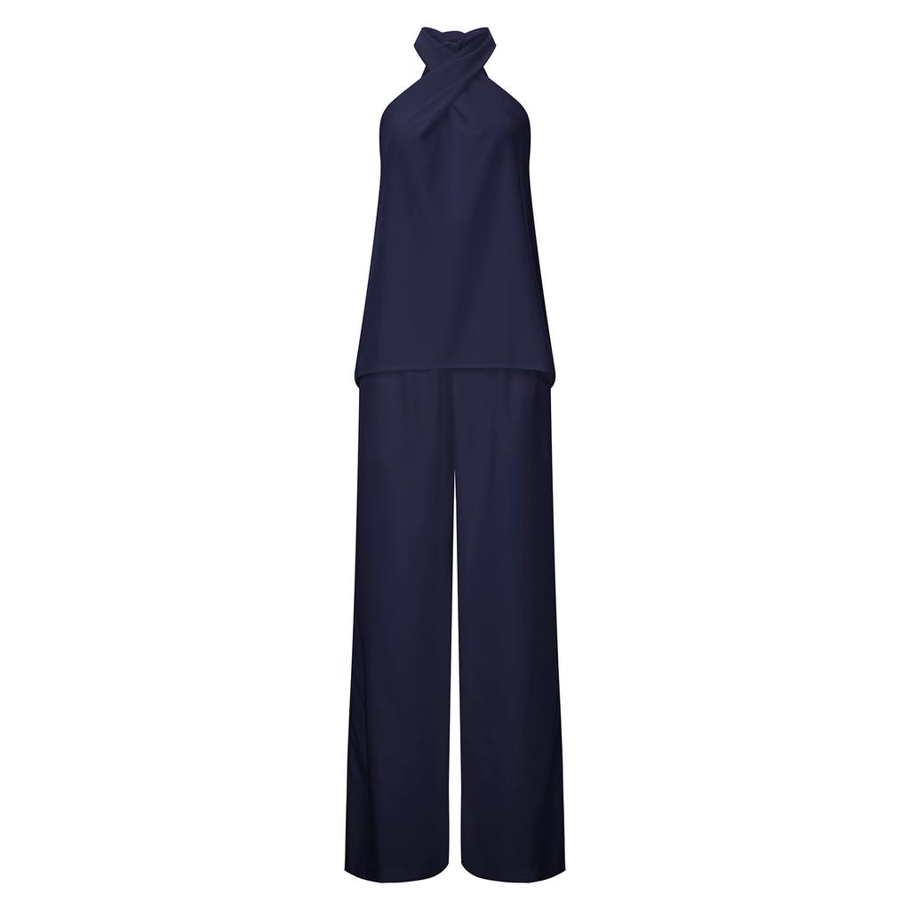 IHUASU Женские модные повседневные брюки без рукавов с воротником-стойкой, однотонные, широкие брюки, комплект из двух предметов