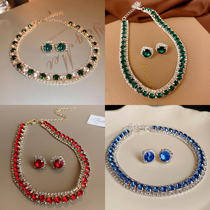 European & American Luxury Zircon Jewelry Set: Retro Clavicle Chain Necklace, Versatile Fashion Accessory