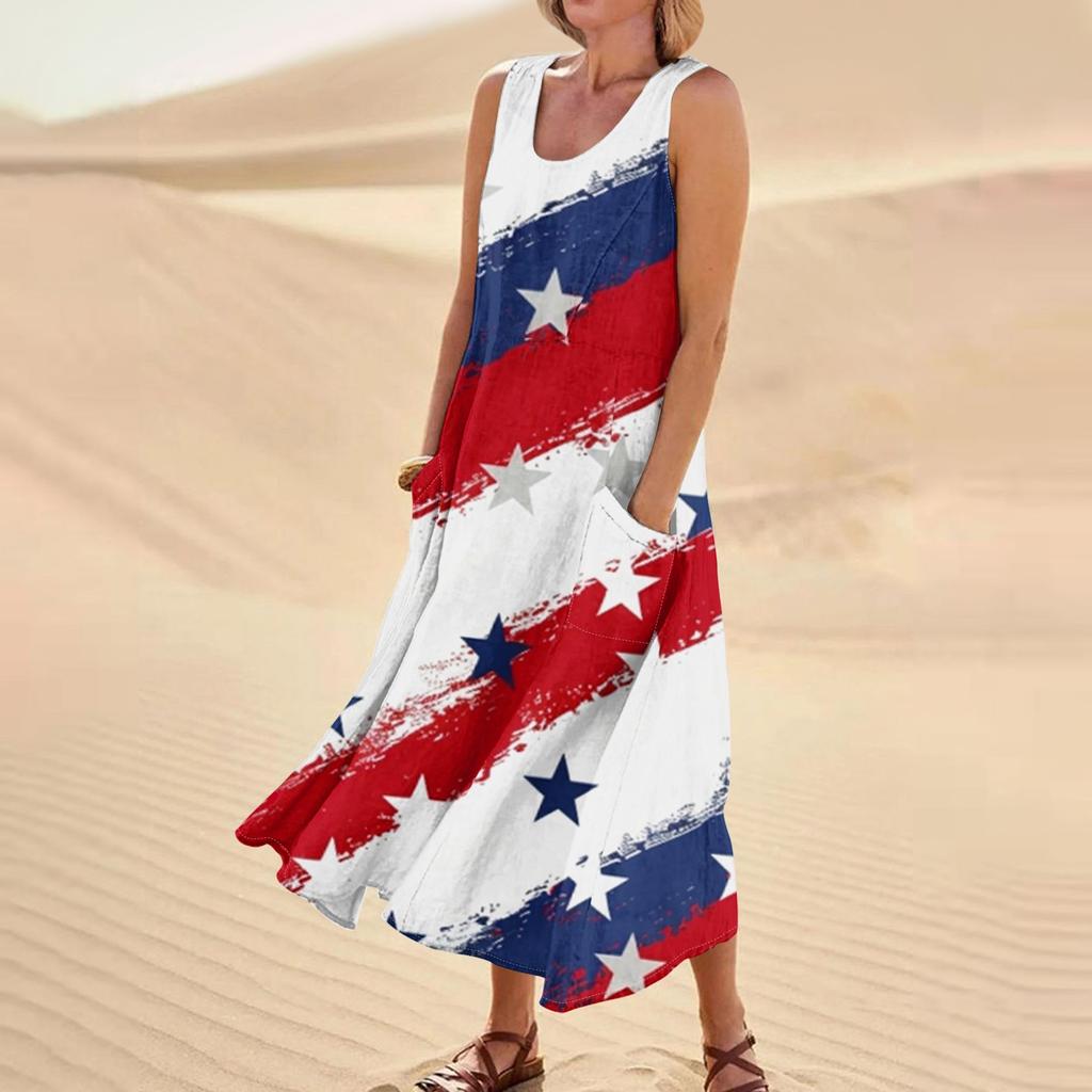 Женское модное повседневное хлопковое льняное платье без рукавов с принтом и карманами