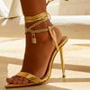 Модная обувь Остроносые Босоножки с открытым носком на шпильке Сексуальные Цепочки Римские Летние Сандалии Высокий каблук