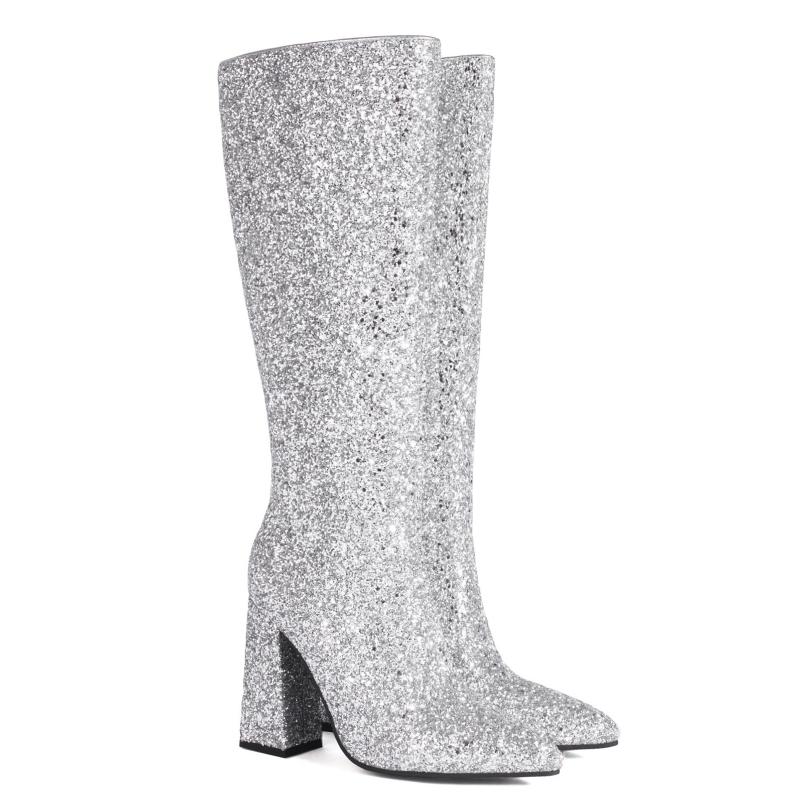 Fashion Sexy Knee High Boots Women Fashion Zipper Luxury Gold Silver Long Boot Block Heels Autumn Winter Shoes Female Large Size