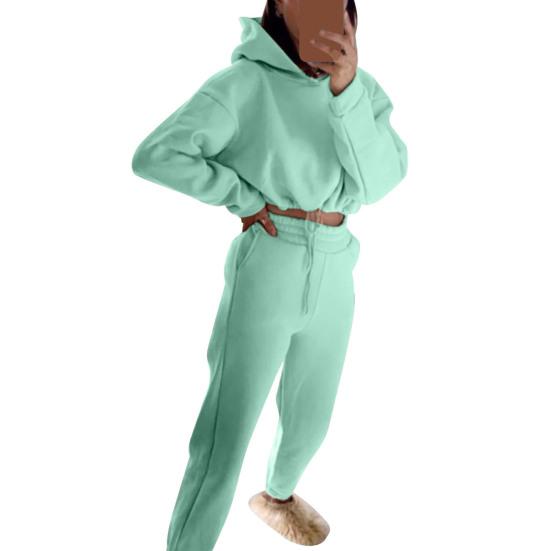 2 шт./компл. женский однотонный спортивный костюм, спортивный комплект из 2 предметов, с капюшоном и длинными рукавами, укороченный