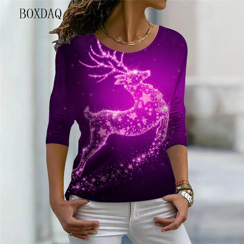 Женские рождественские модные футболки с длинным рукавом, осенне-зимние, с абстрактным рисунком оленя, 3D-принтом, уличная футболка, свободные повседневные топы