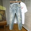 Spring Ripped Scar Repair Flying Paint Elastic Denim 9-point Pants Men's 9-point Pants