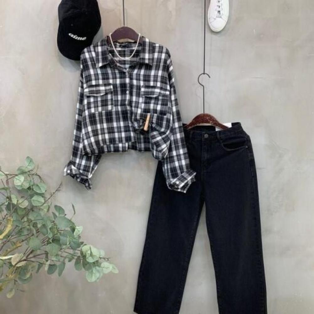 C S In The Room Semi Crop CheCk Pattern Long Sleeve Shirt 2 ColorS