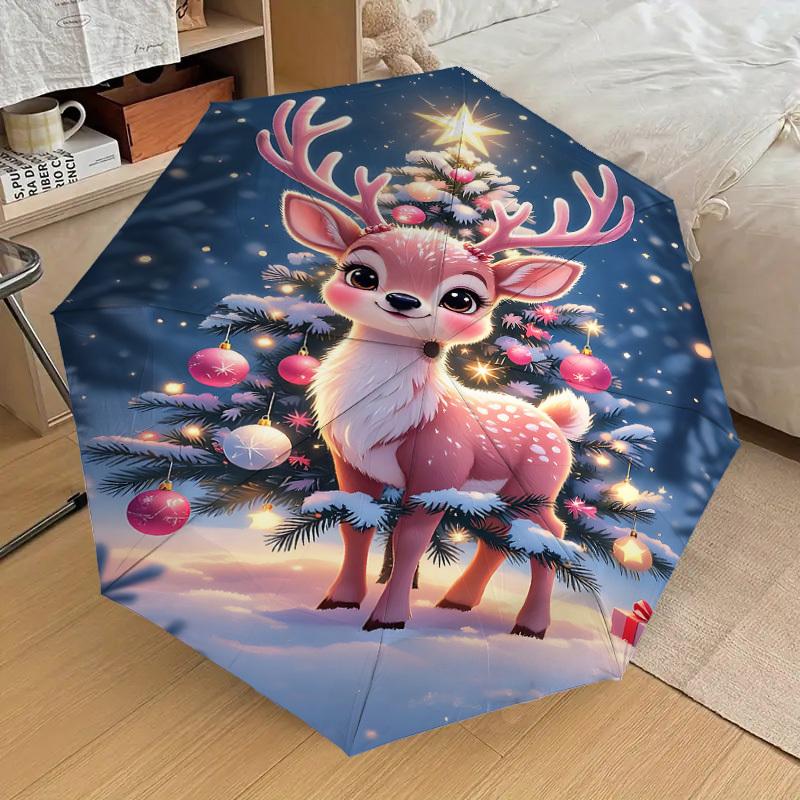 1PC Christmas, Deer Automatic Open/Close Umbrella with Windproof, 8-Rib Sturdy Canopy, Durable Ribs, Fashionable Design, Outdoor Accessory, Fun Prin,