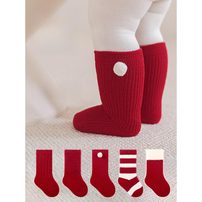 Детские махровые носки с флисовой подкладкой, утолщенные праздничные красные носки на первый день рождения, теплые бесшовные носки с подогревом из флиса для осени и зимы,