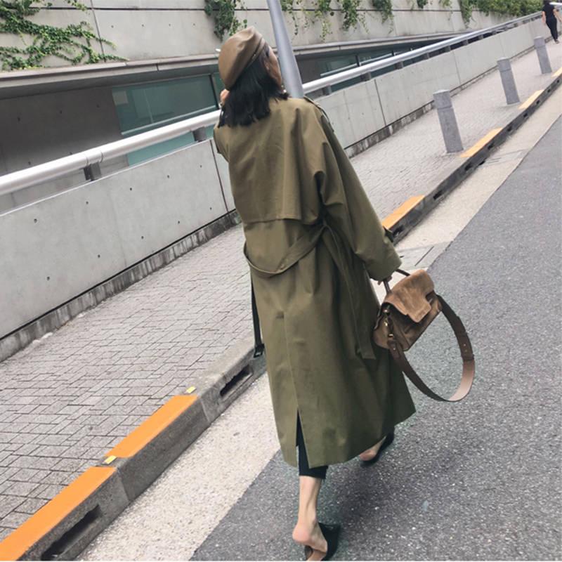 Тренч цвета хаки, повседневная женская длинная верхняя одежда, свободная одежда для женщин с поясом, осенний армейский зеленый цвет