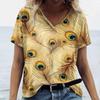 Summer Fashions Women‘S T-Shirts Colorful Peacock Feather Prined Short Sleeve Clothing V Neck Woman Loose Porosity