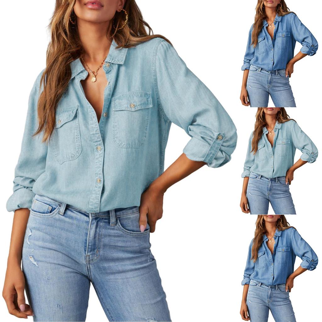Women Button Down Denim Shirts Casual Long Sleeve V Neck Chambray Blouse Top