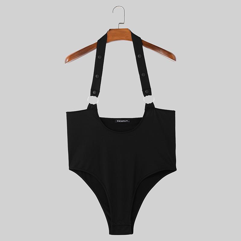 INCERUN Men Deep U Neck Halter Strap Sleeveless Bodysuits Fitted Briefs Jumpsuits Homewear