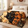 Halloween Black Cat Pumpkin Flannel Blanket Vintage Moon Bat Autumn Floral Print Soft Cozy Holiday Throw Blanket