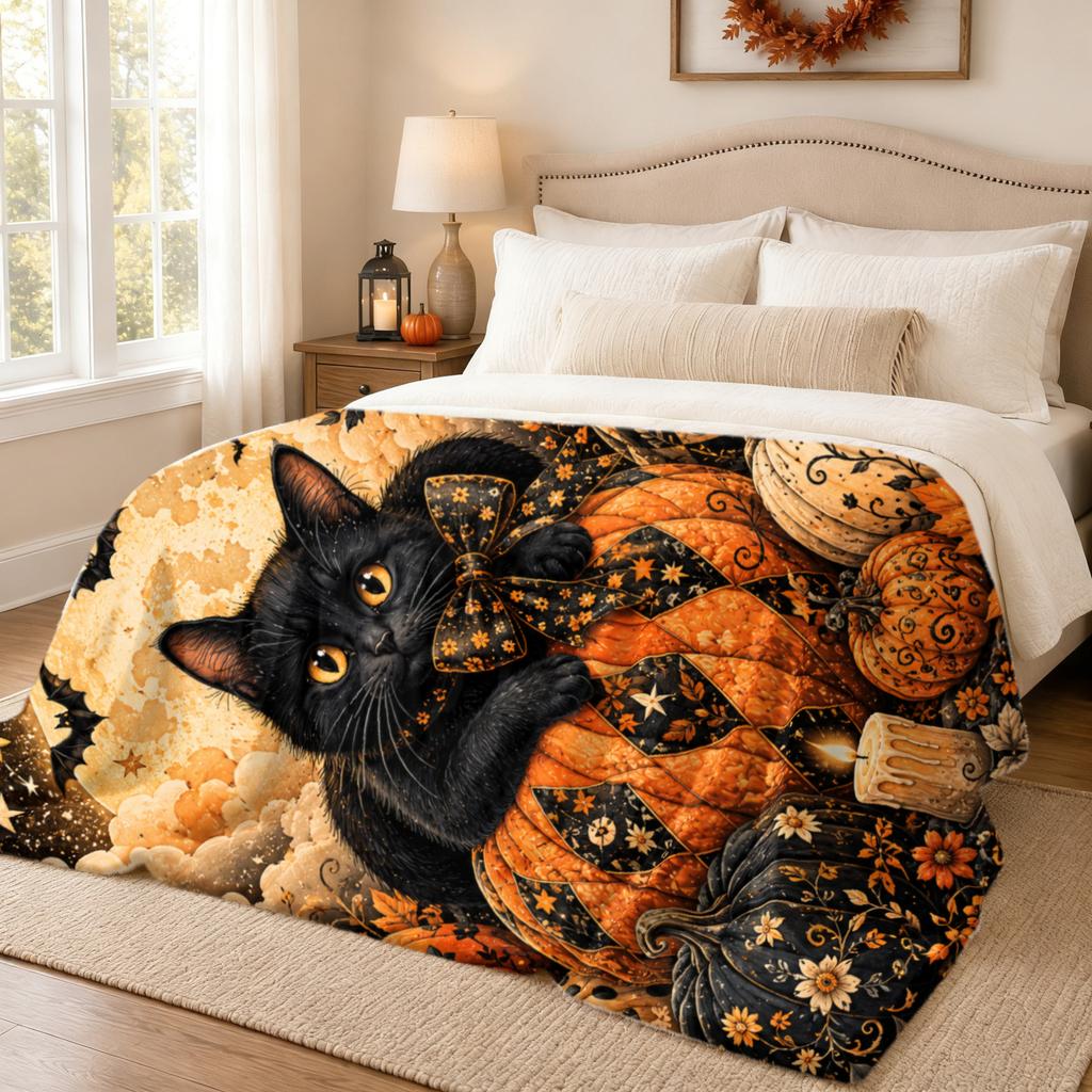Halloween Black Cat Pumpkin Flannel Blanket Vintage Moon Bat Autumn Floral Print Soft Cozy Holiday Throw Blanket