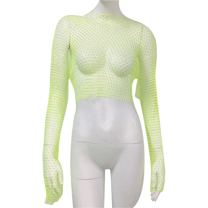 Women Rhinestones Mesh Flared Long Sleeve Crop Top Hollow Out See Through Fishnet Jewelry Cover Up Rave Party Clubwear