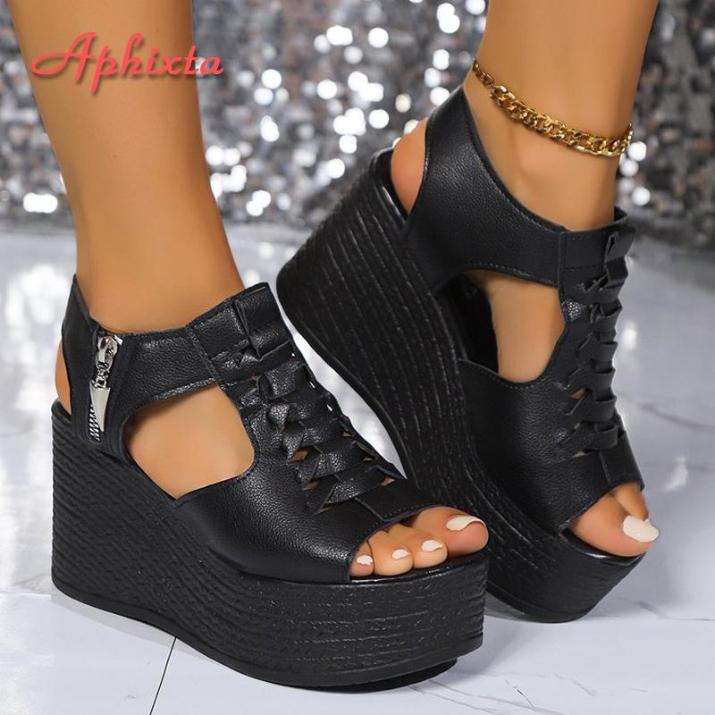 Aphixta Summer 9cm High Wedge Heel Platform Sandals Woman Sandals Gold Upper Women Zip Summer Shoes Peep Toe Sandals Big Size 43