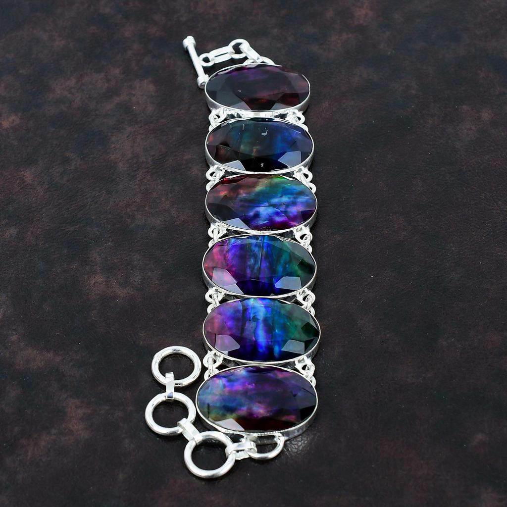 Граненый браслет из аммолита Браслет из драгоценного камня Браслет из стерлингового серебра 925 пробы Ювелирные изделия из аммолита Регулируемый браслет-цепочка Антикварные ювелирные изделия ручной работы