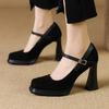 Retro Waterproof Platform Thick Heel High Heels One-word Buckle Strap Square Head Mary Jane Cheongsam Model Catwalk Single Shoes Women's Brown