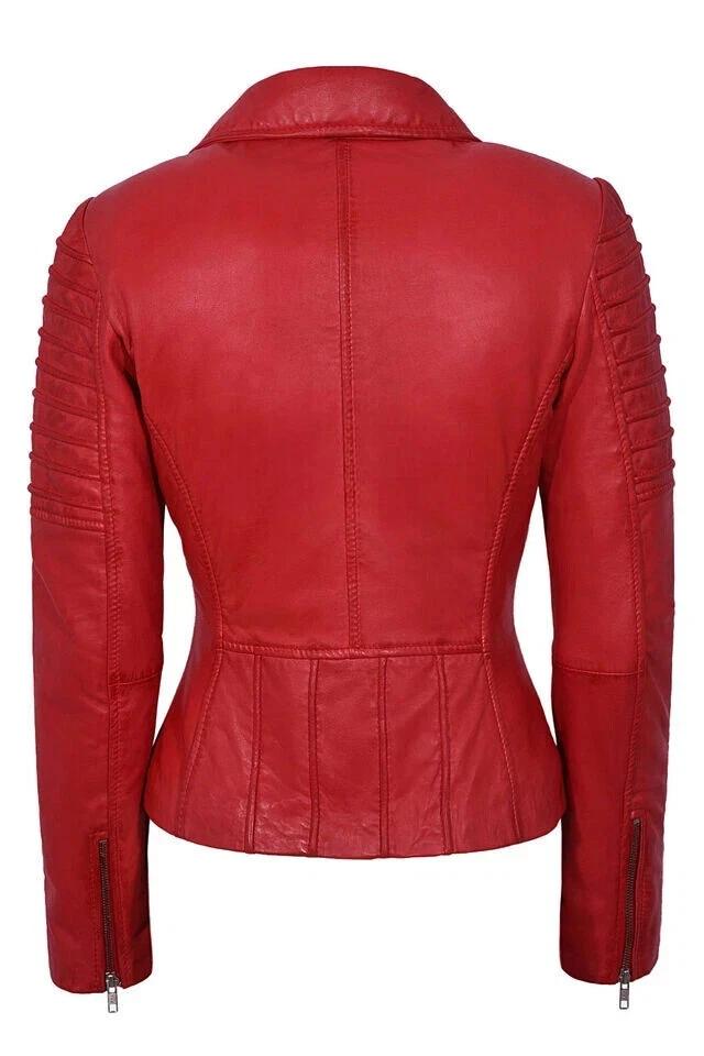 Stylish Casual Motorcycle Biker Women Jacket Red Leather Lambskin Handmade