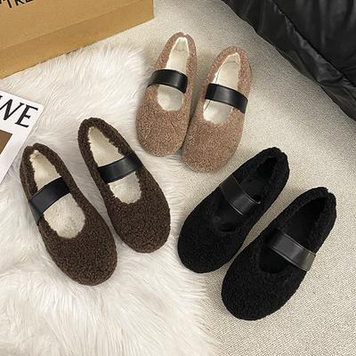 Осенью и зимой 2025 года, новый модный и универсальный ремень на плоской подошве в виде одной полосы, туфли Doudou, теплые одинарные туфли из бархата, туфли Mao Mao