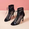Sandals Hollow Mesh Heels Women's Shoes Summer  Trend Black Lace-Up Sexy Peep Toe Boots Stilettos Jazz Dance Female Shoes