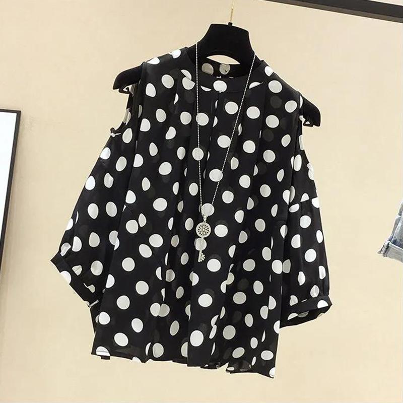 Шифоновая рубашка с открытыми плечами и короткими рукавами, большой размер, свободная и тонкая верхняя часть живота, волнистая шифоновая рубашка с открытыми плечами и короткими рукавами для женщин