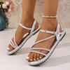 Sexy Sliver Cross Tied Sandals Women 2025 Summer Glitter Decoration Round Toe Flat Heels Sandals Back Strap Driving Shoes