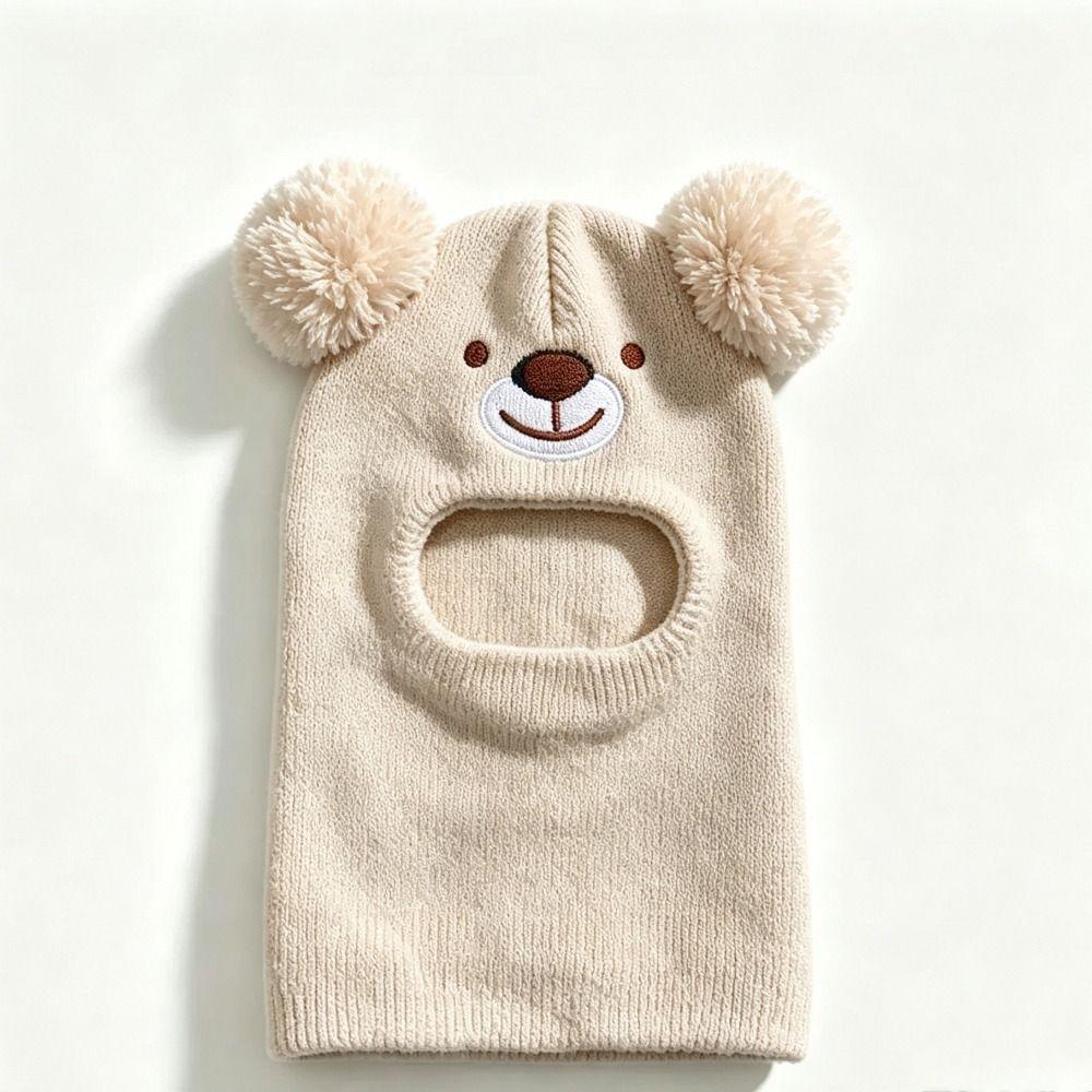 Double Pom Poms Kids One-Piece Knitted Hats Cartoon Bear Kids Bear Balaclava Hat Hats for Children
