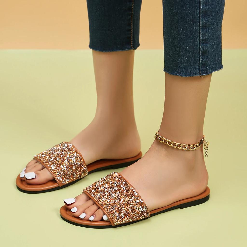 35-43 Большие тапочки 2024 Женские Новые Круглые Головки Роскошные Водные Алмазные Женские Туфли Нескользящие ПУ Пляжные Платье Тапочки