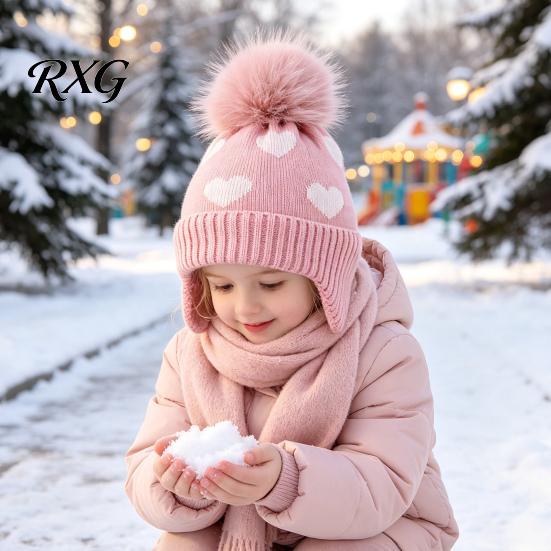 Breathable Winter Hat for Kids Knit Hat, Warm Soft Cute Pompom Knitted Heart Pattern, Cozy Earflap Boys Girls Toddlers Durable Stretch Caps