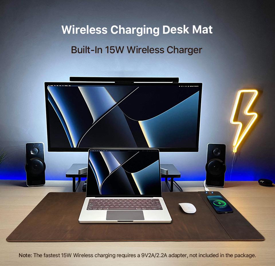 Extra Large Retro Brown Leather Mouse Pad with 15W Wireless Charging - Dirt-resistant & Waterproof for Office Desk