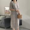 Summer Women Dress Small Flower Print Crew Neck Loose Short Sleeves Pleated Mid-calf Length Pullover Dating Shopping Midi Dress