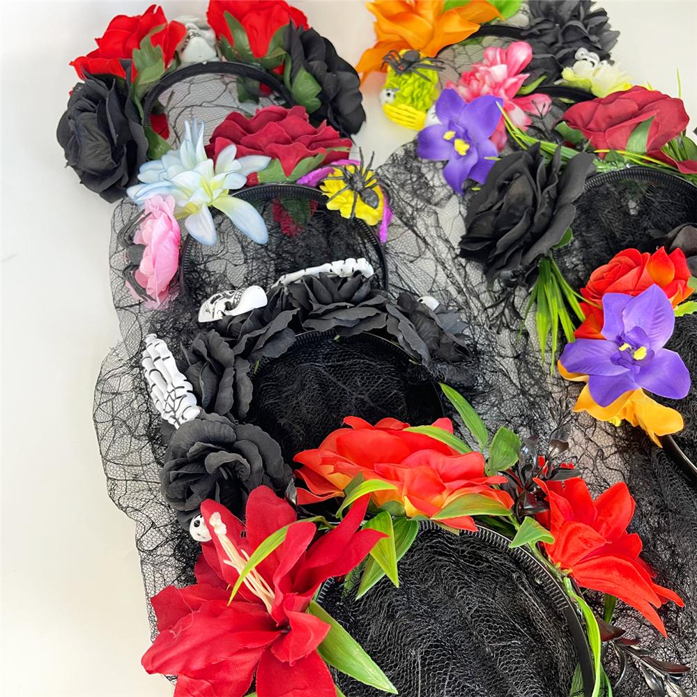 Повязка на голову в виде венка из цветов на День мертвых с черной вуалью, аксессуары для вечеринки для женщин