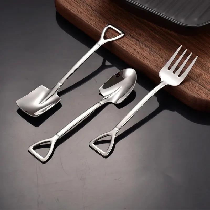 Stainless Steel Square Spade Spade Fork Pointed Shovel Said Dessert Cake Fork Spoon Fruits Kitchen Tableware Set4