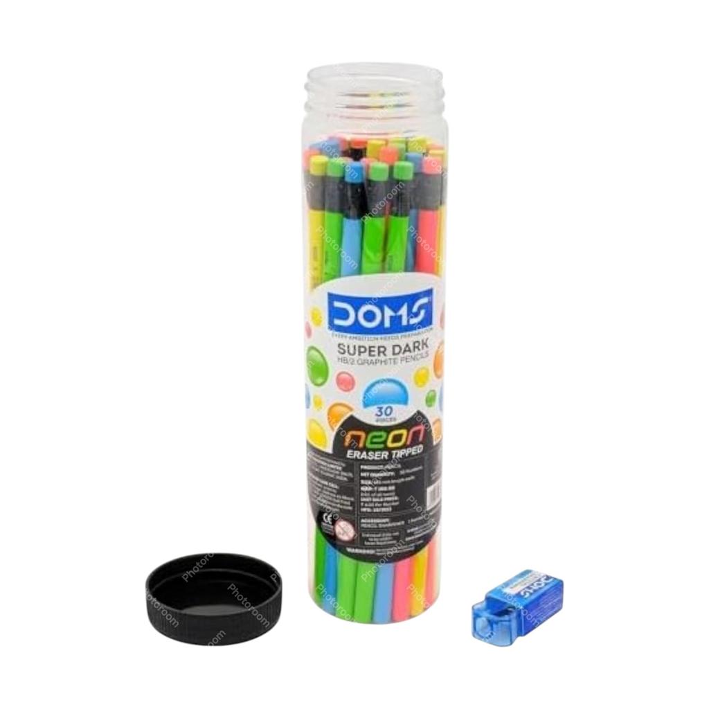 Графитный карандаш Doms Neon с ластиком на конце, HB/2, в банке, 30 штук, с точилкой, ластиком и линейкой, для школьников и художников