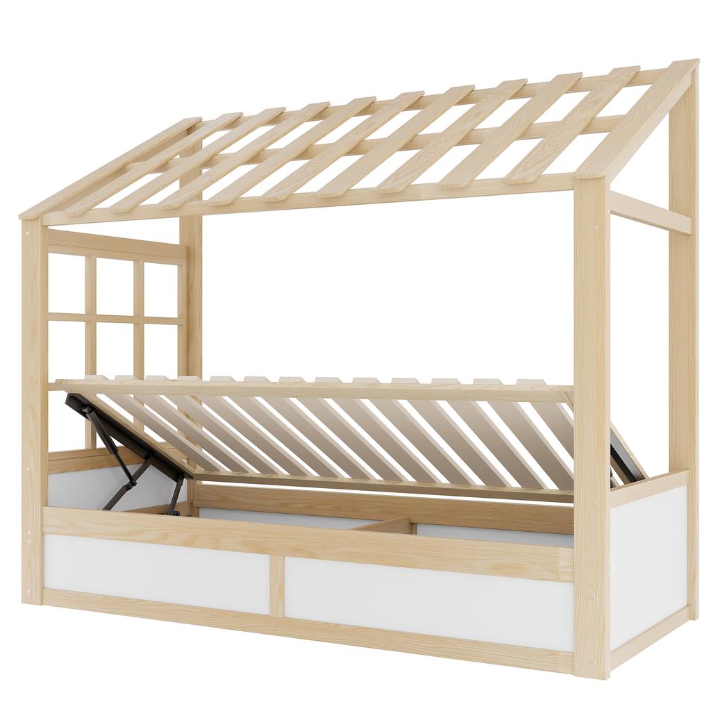 Children's Bed in Country House Style 90 x 200 cm with Roof, Window, Hydraulic Storage and Side Storage Compartments, Wood Color+White