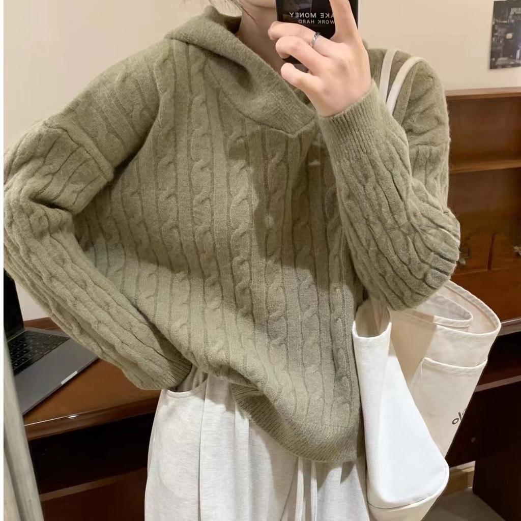 Women's Vintage Solid Twisted Knit Sweater with Hooded Loose Soft Comfortable Pullover Knit Top Casual Fashion Simple Lazy Sweater for Fall Winter