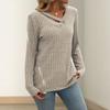 Women's Fashionable Solid Color V Neck Button Long Sleeved Loose Pullover T-shirt Top