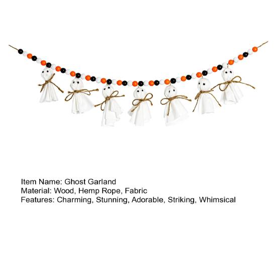 Гирлянда из привидений на Хэллоуин длиной 7,2 фута с деревянными бусинами, ручной работы, деревенский белый декор привидений, винтажный баннер в стиле фермерского дома для Хэллоуина, декор каминной полки для помещений и улицы