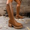 Женские однотонные ботинки на массивном каблуке, модные ботинки до колена на платформе с отделкой заклепками, женские осенне-зимние длинные боты из искусственной кожи