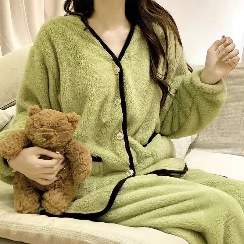 Maiden Flannel Pajamas Female Autumn Winter New Style Sweet Cardigan Can Be Worn Outside Coral Fleece Loungewear Set Pajamas