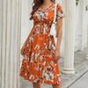 V-образный вырез с мелким цветочным принтом, простота, летняя горячая распродажа, женская одежда, платье с коротким рукавом, средняя юбка