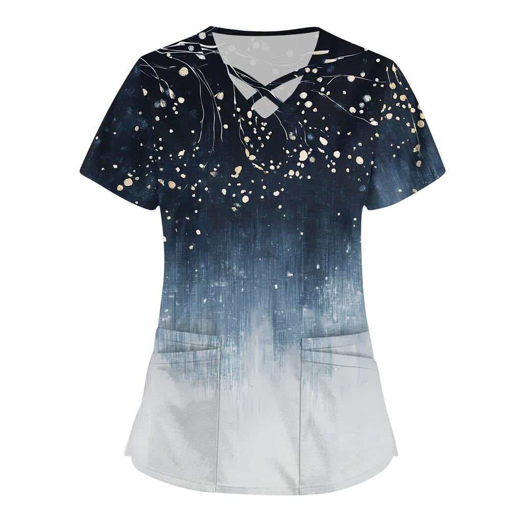 Women's Short Sleeve Stagger V Neck Print Pocket Dry-nurse Top