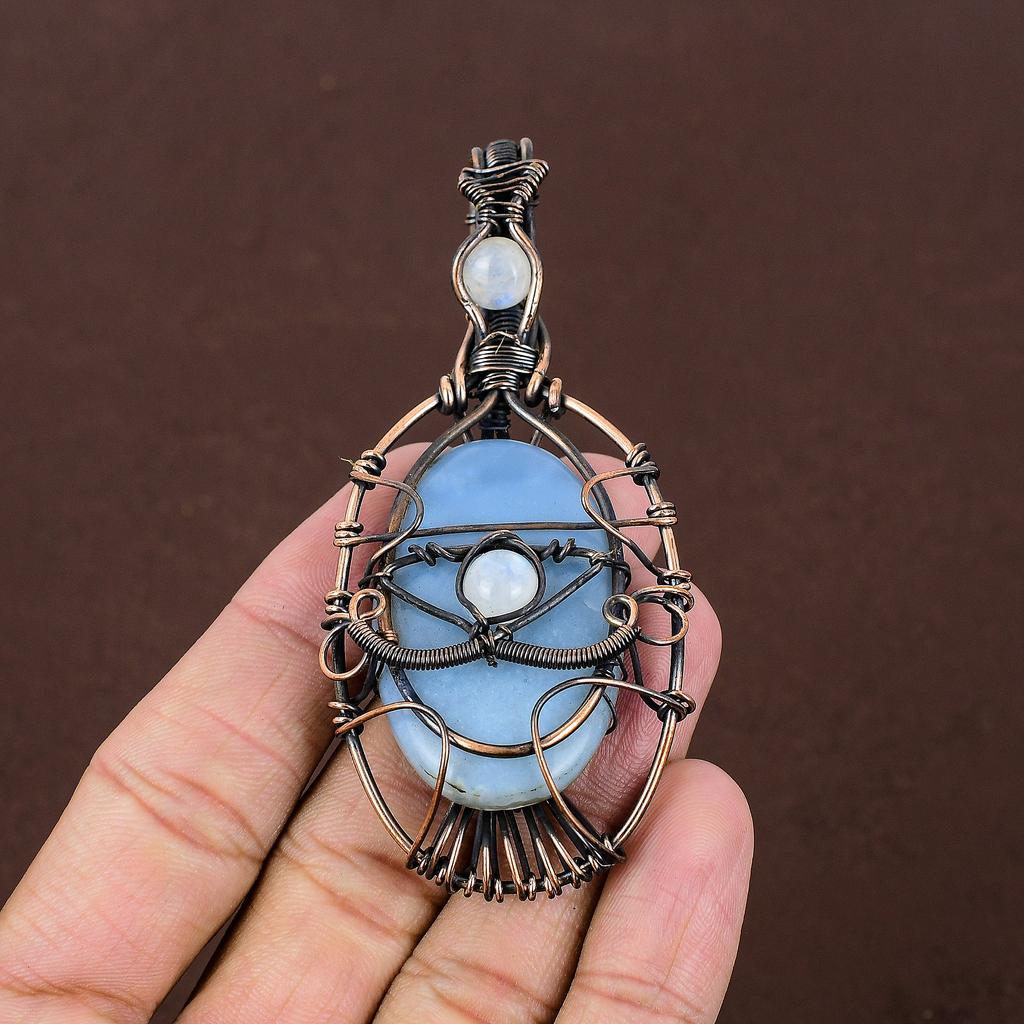 Owyhee Opal, Moonstone Gemstone Copper Wire Wrap Pendant 3.39"