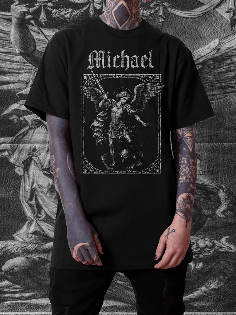 Michael Archangel Tee Black And White Gothic Art Short Sleeve Top For Religious Art Lovers