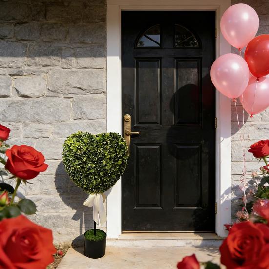 Искусственные Зеленые Растения в Горшках Формы Сердца Декор с Белой Лентой Бант Не Требует Ухода Искусственные Мини-Деревья в Форме Сердца для Дня Святого Валентина Домашний Декор